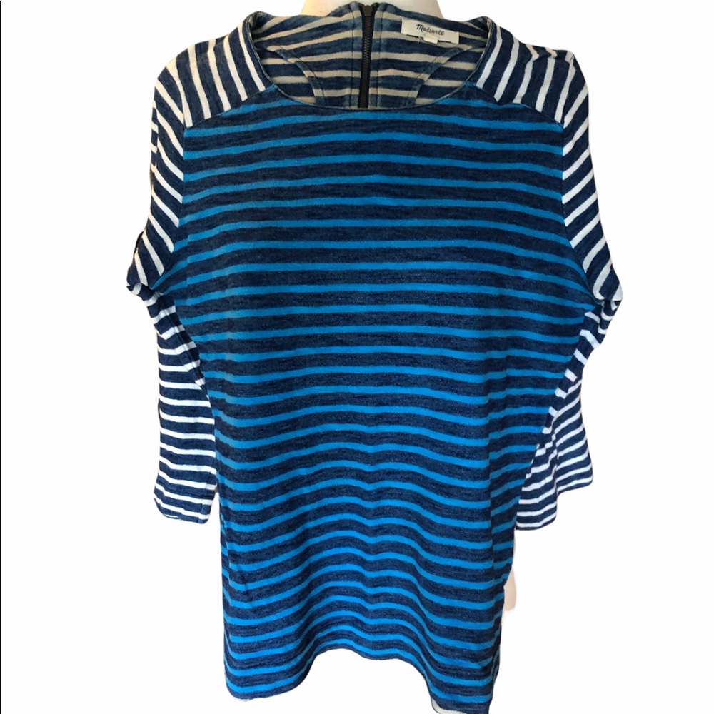 Madewell Mixed Stripe Gallerist Ponte Top Exposed Back Zipper &Side Slits Cotton
